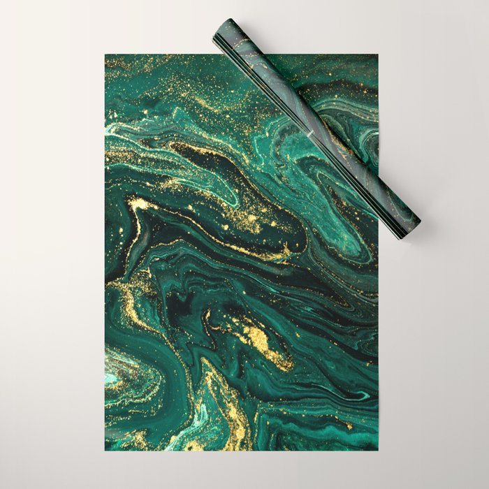 Abstract Pour Painting Liquid Marble Dark Green Teal Painting Gold Accent Wrapping Paper