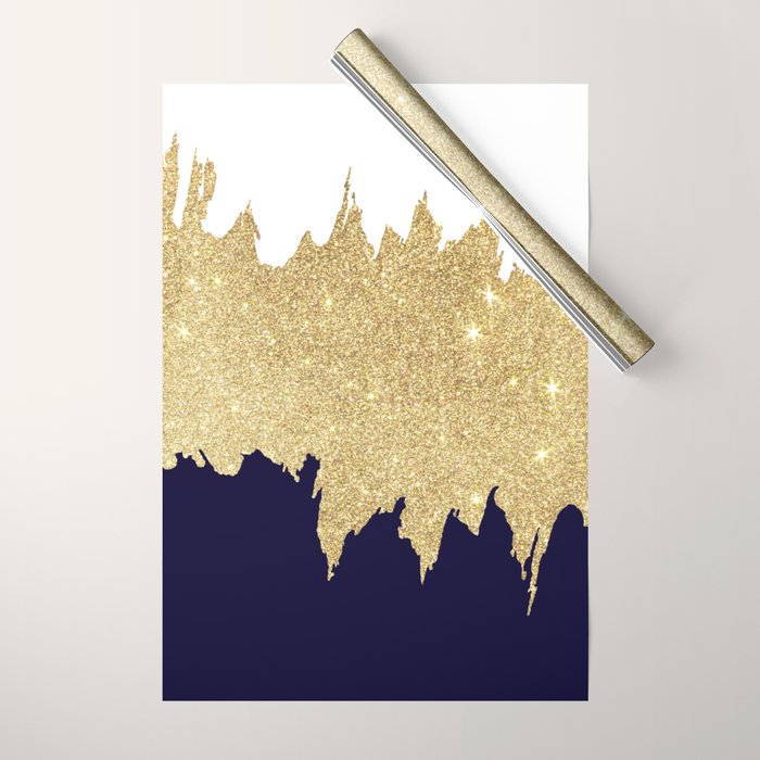 Modern Navy Blue White Faux Gold Glitter Brushstrokes Wrapping Paper