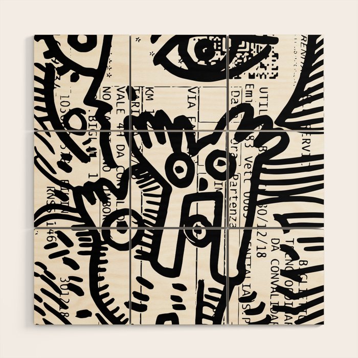 Creatures Graffiti Black And White On French Train Ticket Wood Wall Art