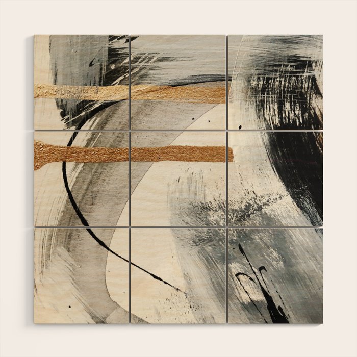 Armor [7]: A Bold Minimal Abstract Mixed Media Piece In Gold, Black And White Wood Wall Art