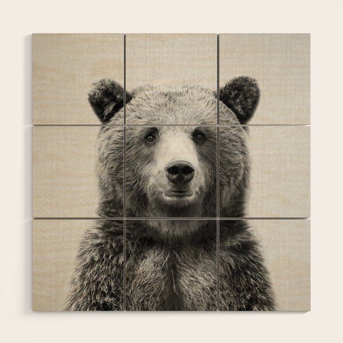 Grizzly Bear - Black & White Wood Wall Art