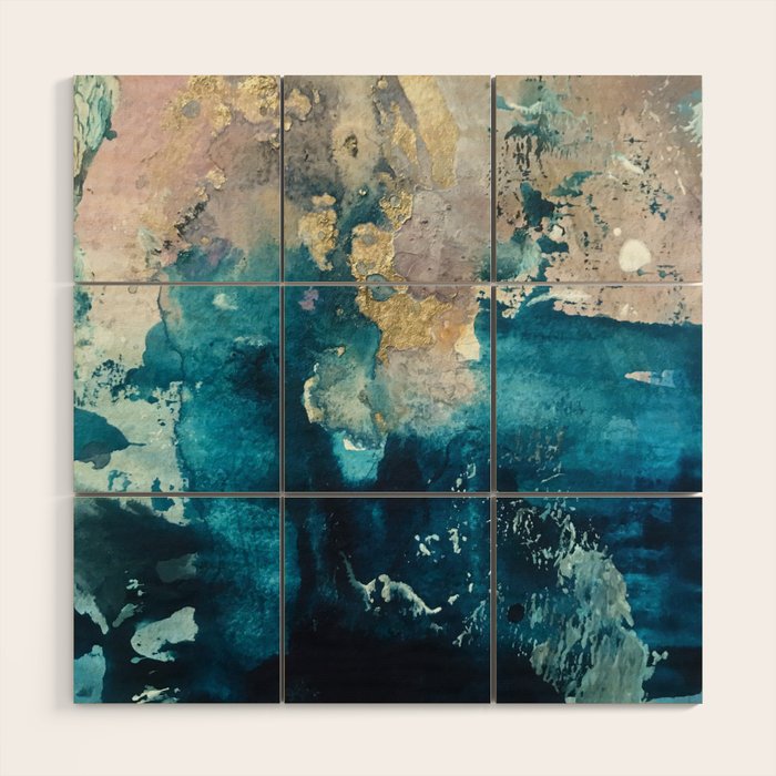 Timeless: A Gorgeous, Abstract Mixed Media Piece In Blue, Pink, And Gold By Alyssa Hamilton Art Wood Wall Art