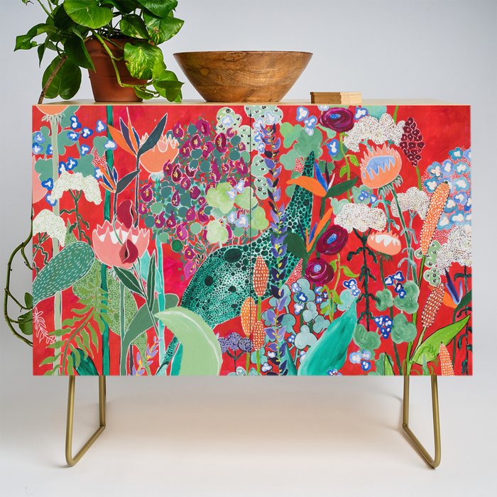 Red Floral Jungle Garden Botanical Featuring Proteas, Reeds, Eucalyptus, Ferns And Birds Of Paradise Credenza