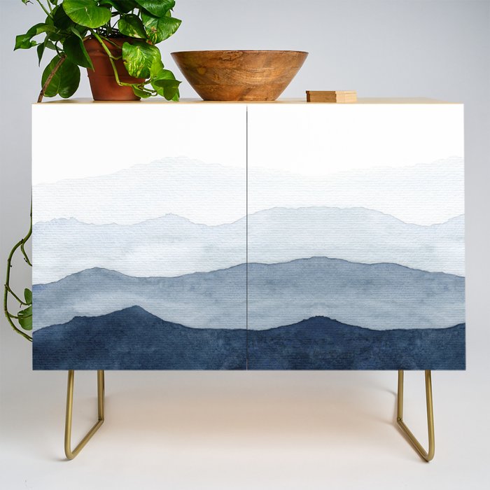Indigo Abstract Watercolor Mountains Credenza