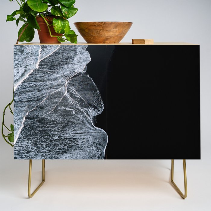Waves On A Black Sand Beach In Iceland - Minimalist Landscape Photography Credenza