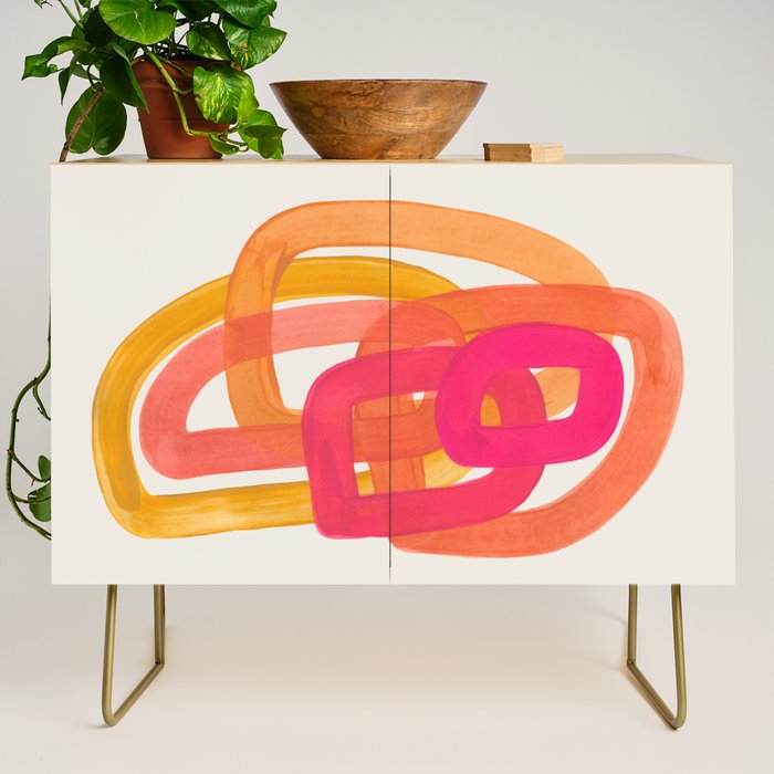 Funky Retro 70'S Style Pattern Orange Pink Greindent Striped Circles Mid Century Colorful Pop Art Credenza