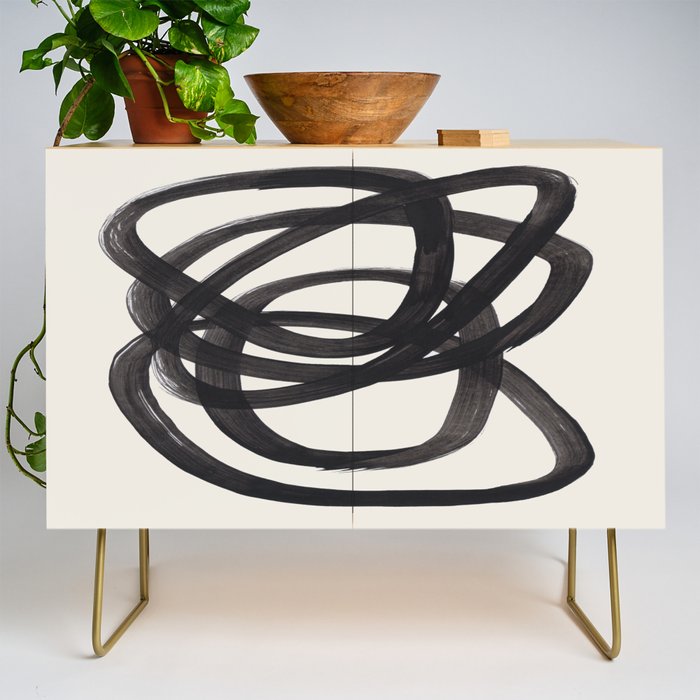 Mid Century Modern Minimalist Abstract Art Brush Strokes Black & White Ink Art Spiral Circles Credenza