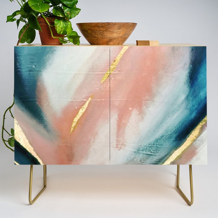 Celestial [3]: A Minimal Abstract Mixed-Media Piece In Pink, Blue, And Gold By Alyssa Hamilton Art Credenza