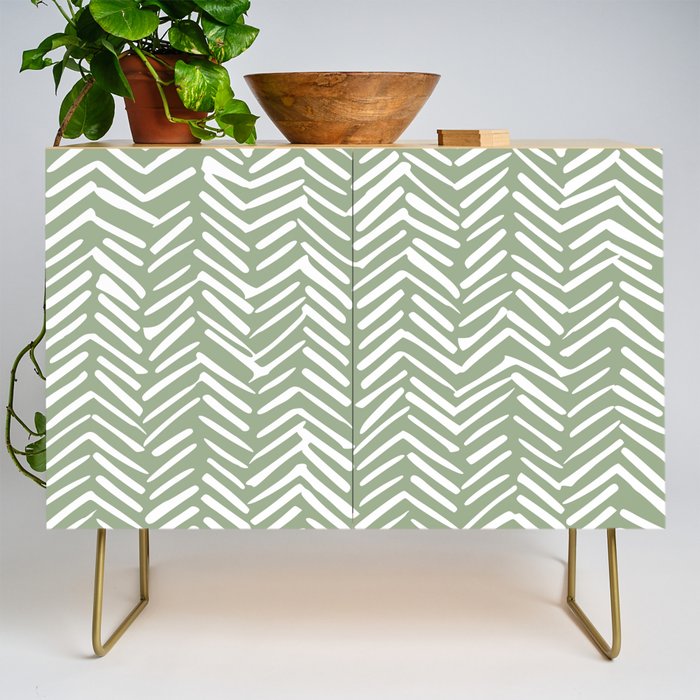 Boho, Abstract, Herringbone Pattern, Sage Green And White Credenza