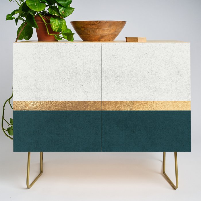 Deep Green, Gold And White Color Block Credenza