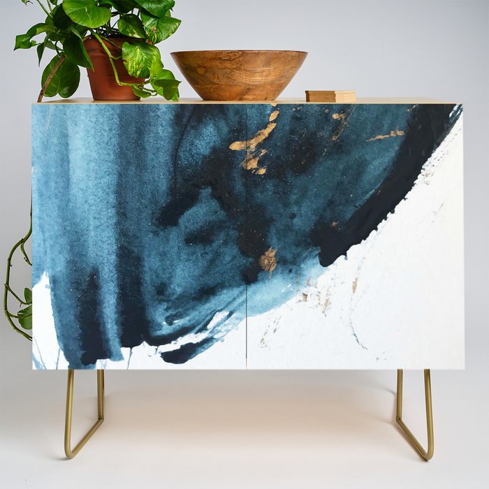 A Minimal Sapphire And Gold Abstract Piece In Blue White And Gold By Alyssa Hamilton Art  Credenza