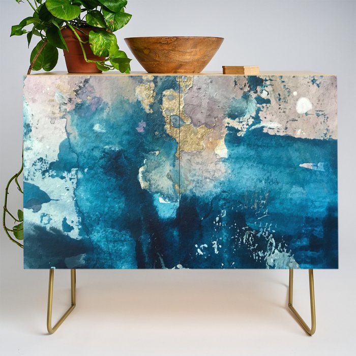 Timeless: A Gorgeous, Abstract Mixed Media Piece In Blue, Pink, And Gold By Alyssa Hamilton Art Credenza