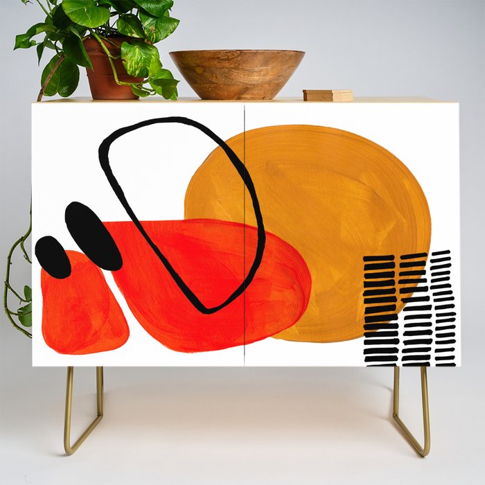 Mid Century Modern Abstract Vintage Pop Art Space Age Pattern Orange Yellow Black Orbit Accent Credenza
