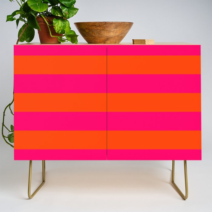 Bright Neon Pink And Orange Horizontal Cabana Tent Stripes Credenza