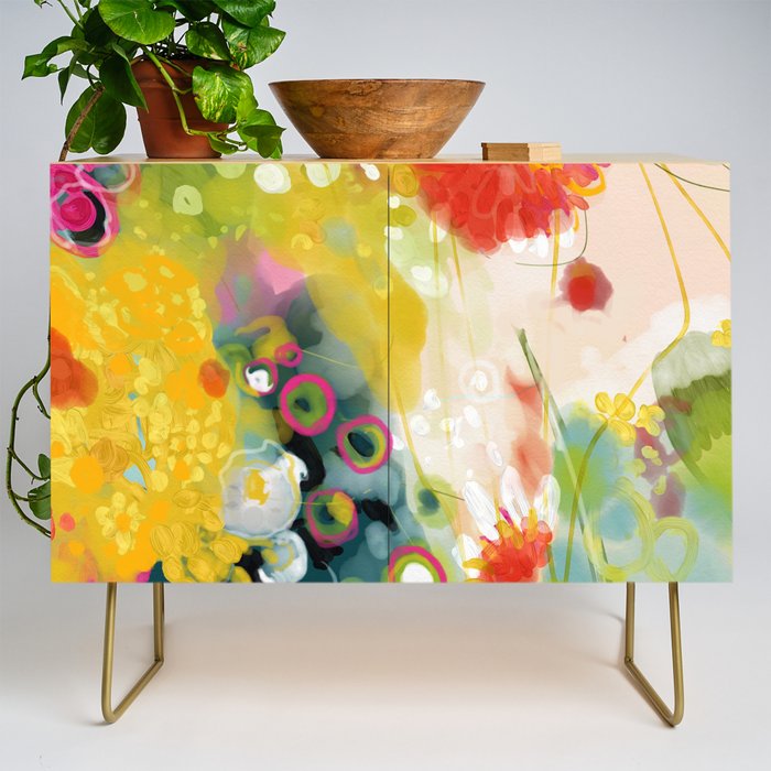 Abstract Floral Art In Yellow Green And Rose Magenta Colors Credenza