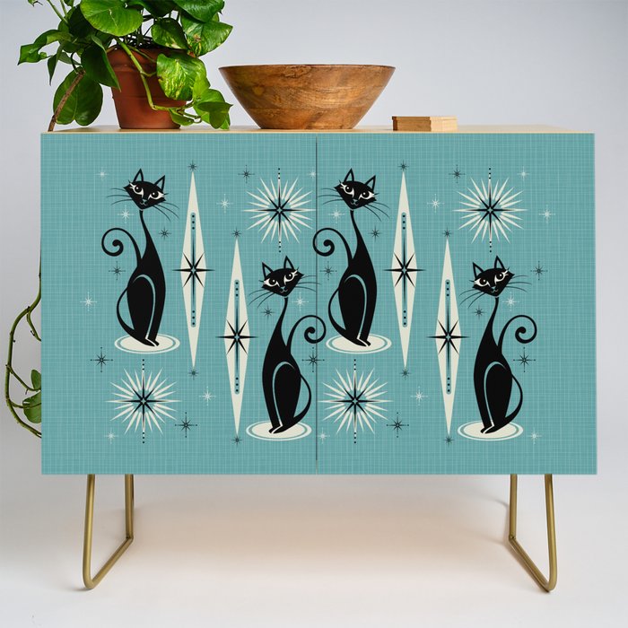 Mid Century Meow Retro Atomic Cats On Blue Credenza