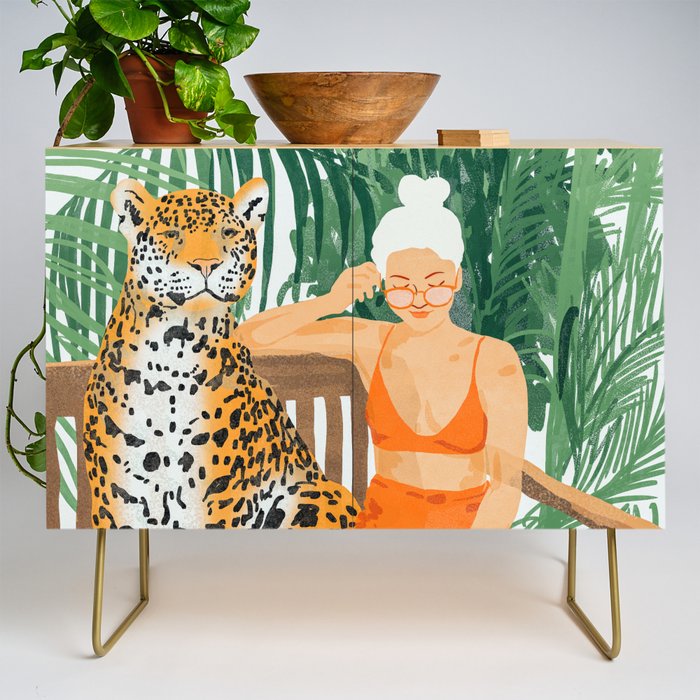 Jungle Vacay | Modern Bohemian Blonde Woman Tropical Travel | Leopard Wildlife Forest Reader Credenza