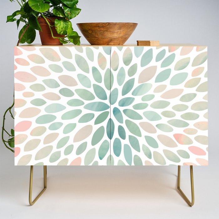 Floral Bloom, Abstract Watercolor, Coral, Peach, Green, Floral Prints Credenza