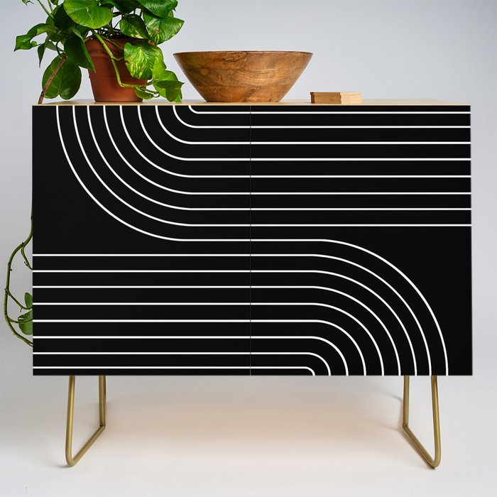 Minimal Line Curvature Ii Black And White Mid Century Modern Arch Abstract Credenza