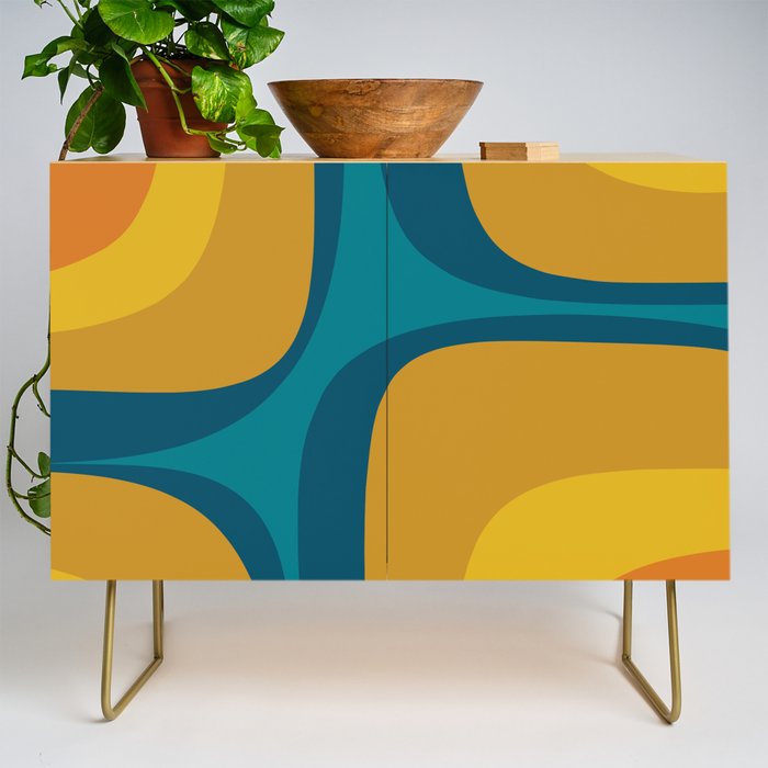 Retro Groove Mustard Teal - Minimalist Mid Century Abstract Pattern Credenza