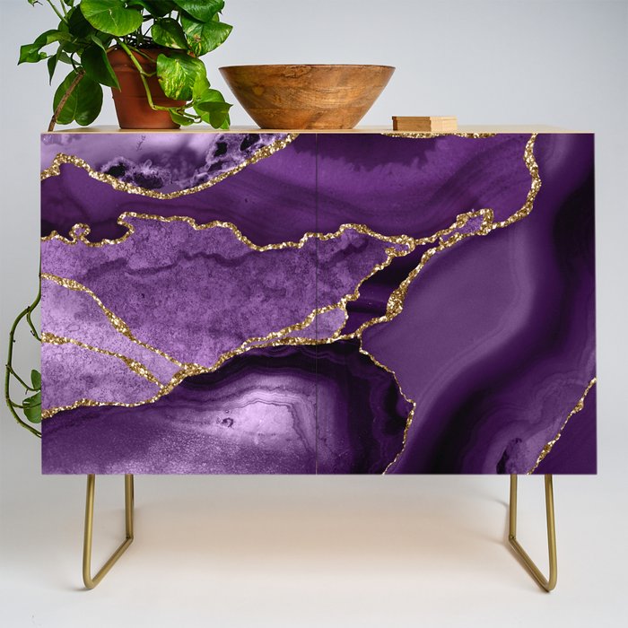 Glamour Purple Bohemian Watercolor Marble With Glitter Veins Credenza