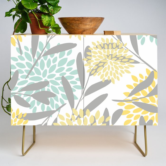Floral Prints, Leaves And Blooms, Gray, Yellow And Aqua Credenza