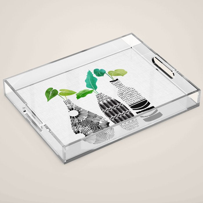 Plants In Black And White Vases Acrylic Tray