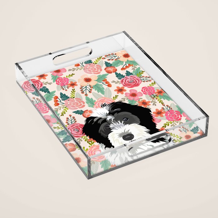 Bernedoodle Floral Pet Portrait Art Print And Dog Gifts Acrylic Tray