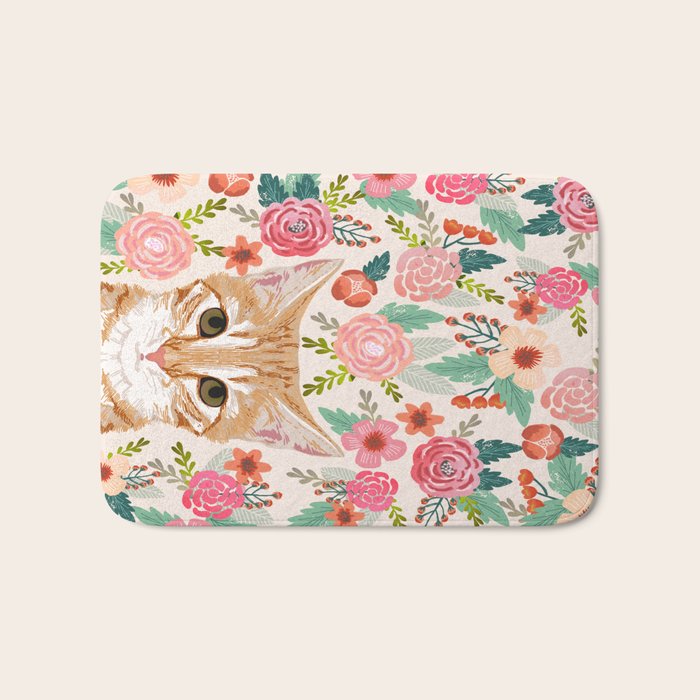 Tabby Cat Florals Cute Spring Garden Kitten Orange Tabby Cat Lady Funny Girly Cat Art Pet Gifts  Bath Mat