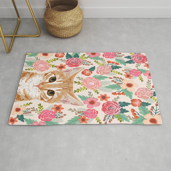 Tabby Cat Florals Cute Spring Garden Kitten Orange Tabby Cat Lady Funny Girly Cat Art Pet Gifts  Rug