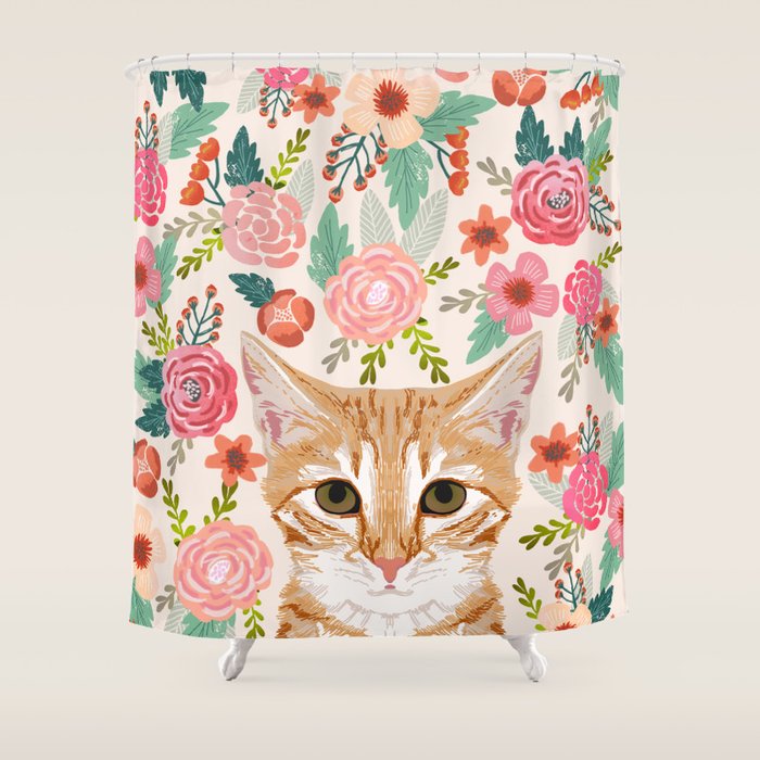 Tabby Cat Florals Cute Spring Garden Kitten Orange Tabby Cat Lady Funny Girly Cat Art Pet Gifts Shower Curtain