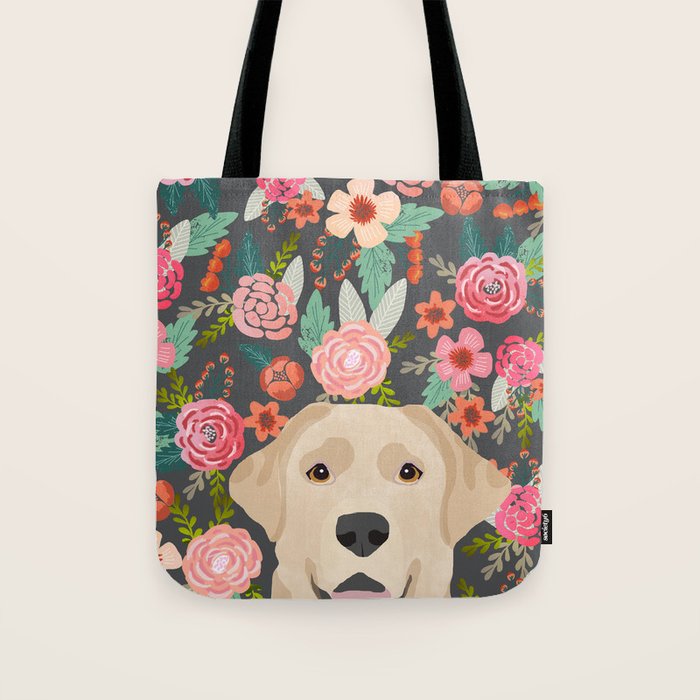 Yellow Lab Dog Portrait Labrador Retriever Dog Art Pet Friendly Florals Floral Tote Bag