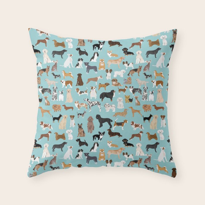 Dogs Pattern Print Must Have Gifts For Dog Person Mint Dog Breeds Throw Pillow