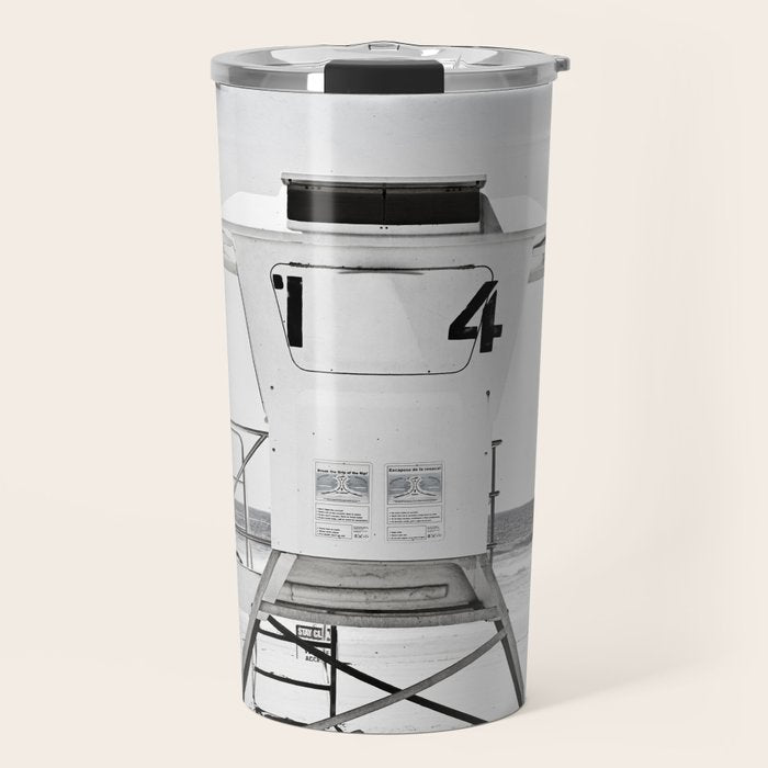 Black And White Beach Photography, Grey Lifeguard Stand, Gray Coastal Nautical Art Travel Mug