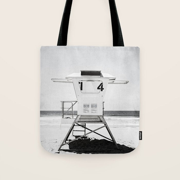 Black And White Beach Photography, Grey Lifeguard Stand, Gray Coastal Nautical Art Tote Bag