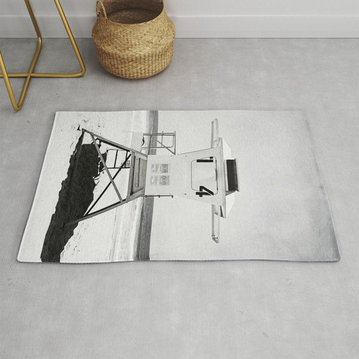 Black And White Beach Photography, Grey Lifeguard Stand, Gray Coastal Nautical Art Rug