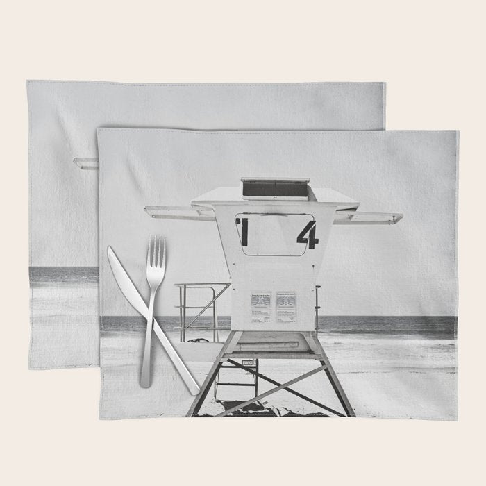 Black And White Beach Photography, Grey Lifeguard Stand, Gray Coastal Nautical Art Placemat