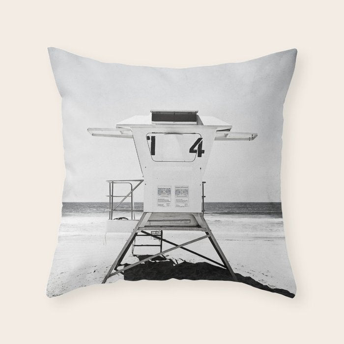 Black And White Beach Photography, Grey Lifeguard Stand, Gray Coastal Nautical Art Throw Pillow