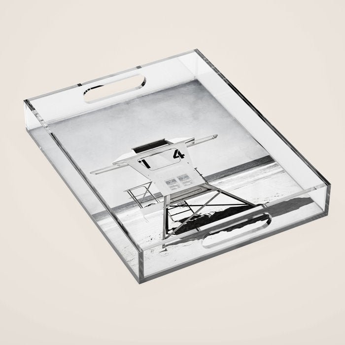 Black And White Beach Photography, Grey Lifeguard Stand, Gray Coastal Nautical Art Acrylic Tray