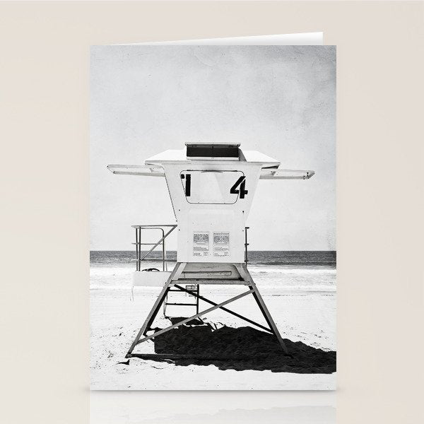Black And White Beach Photography, Grey Lifeguard Stand, Gray Coastal Nautical Art Stationery Card