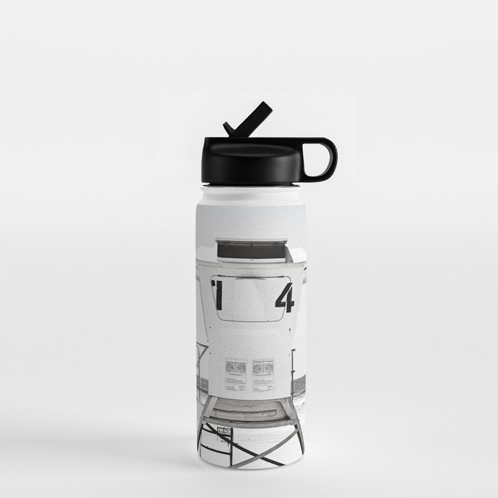 Black And White Beach Photography, Grey Lifeguard Stand, Gray Coastal Nautical Art Water Bottle