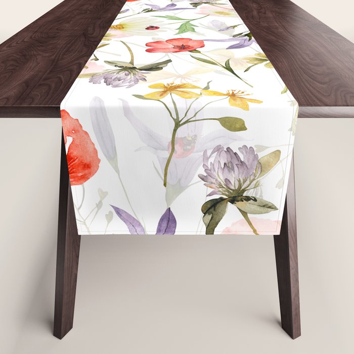 Watercolor Poppies Cornflowers Hygge Midummer Meadow Table Runner