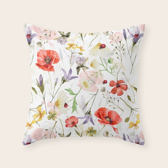 Watercolor Poppies Cornflowers Hygge Midummer Meadow Throw Pillow