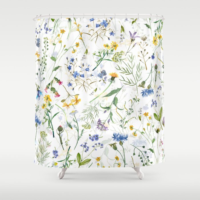 Scandinavian Midsummer Blue And Yellow Wildflowers Meadow Shower Curtain