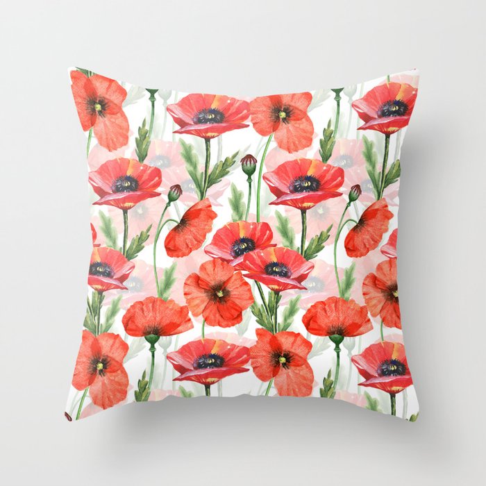 Summer Botanical Poppies Field Throw Pillow