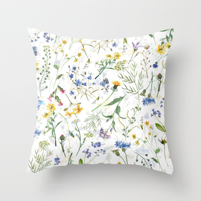 Scandinavian Midsummer Blue And Yellow Wildflowers Meadow Throw Pillow