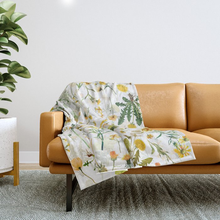 Scandinavian Yellow Wildflowers Botanical Summer Meadow Throw Blanket