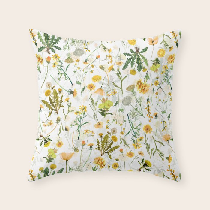 Scandinavian Yellow Wildflowers Botanical Summer Meadow Throw Pillow