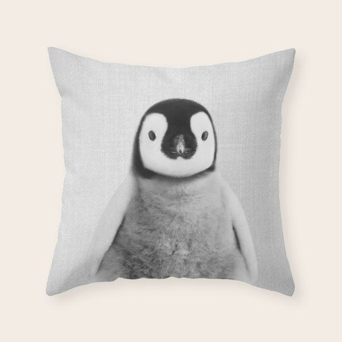 Baby Penguin - Black & White Throw Pillow