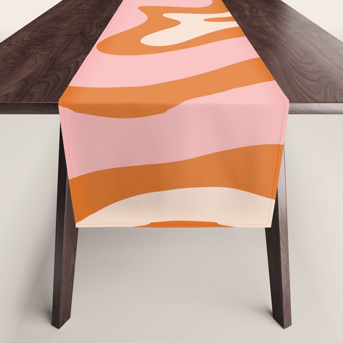 Liquid Swirl Retro Abstract Pattern In Orange Pink Cream Table Runner
